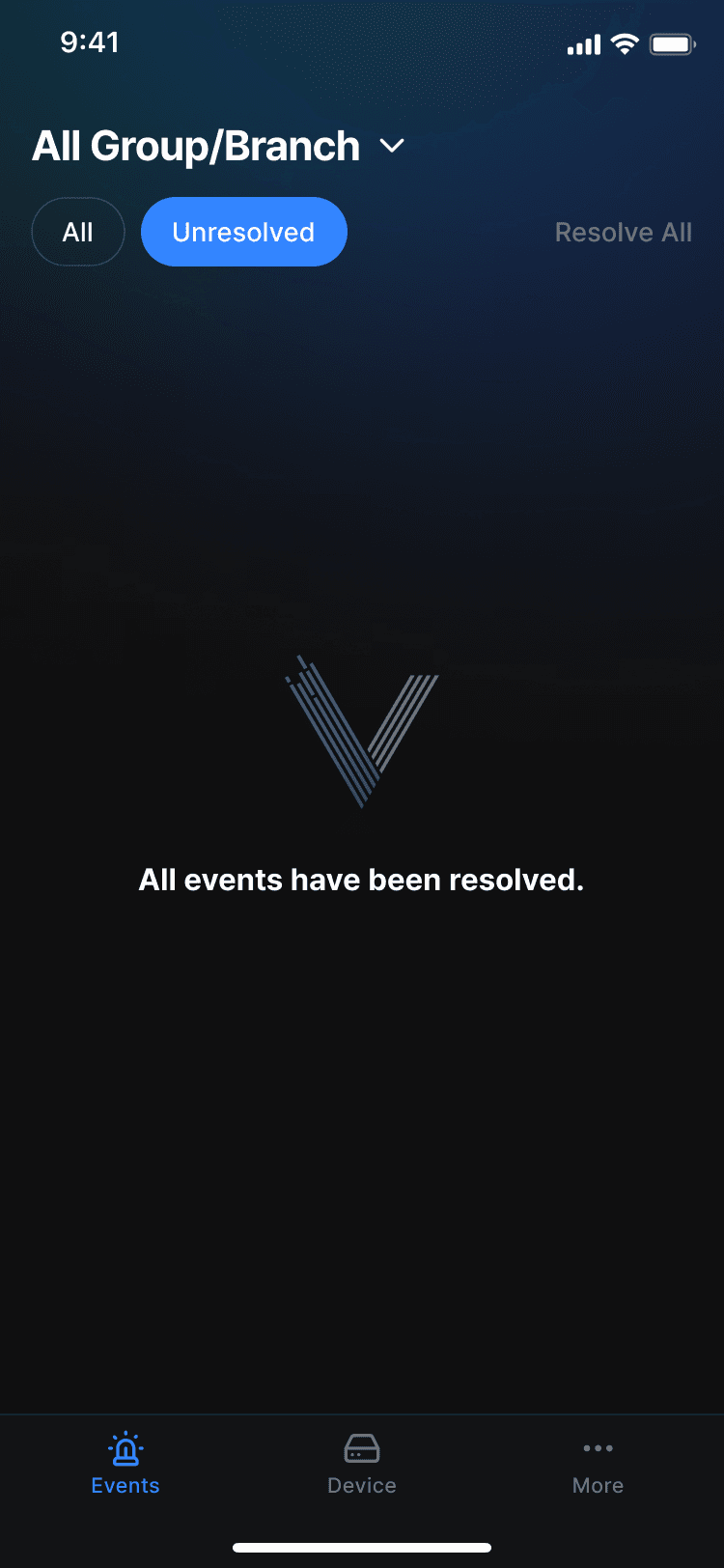 Pantalla sin eventos sin resolver